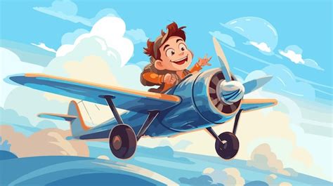 Una caricatura de un hombre volando un avión azul con las palabras