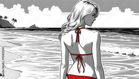 Blond Model Girl In Bikini On A Beach Black And White Comic With Red Bikini
