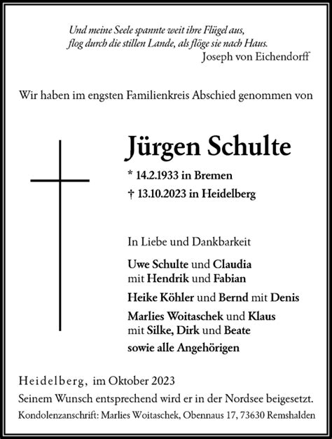 Traueranzeigen von Jürgen Schulte ZVW Trauer