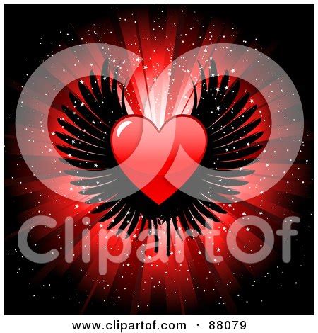 Shiny Red Heart With Black Wings Over A Glittery Burst Background