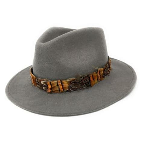 Womens Wool Grey Fedora Hat With Country Feather Wrap Trim Charingworth