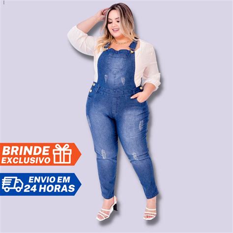 Jardineira Jeans Longa Feminina Plus Size Curve Elastano Premium