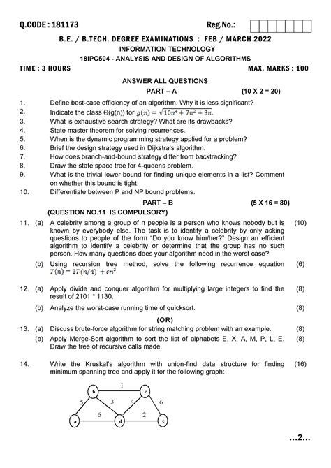 18IPC504 QP Analysis Of Design And Algorithm Question Papers Q