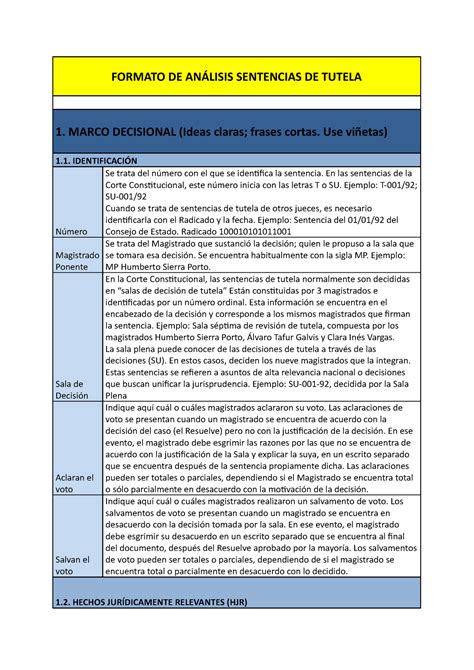 Analisis C Formato De An Lisis Sentencias De Tutela Marco