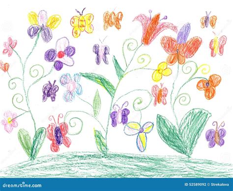 Papillon De Dessin D Enfant Et Nature De Fleurs Illustration Stock Illustration Du Vert Nuage