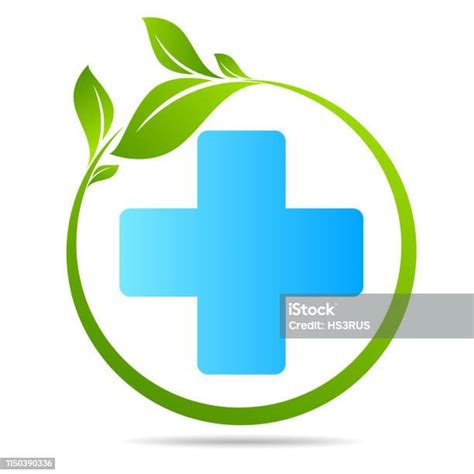 Health Care Green Medical Cross And Leaf Logo Isolated Stock