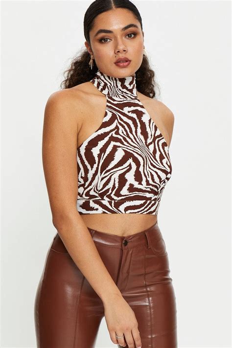 Womens Print Sleeveless Zebra High Neck Crop Top Ally Fashion