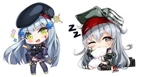 Safebooru 2girls D Assault Rifle Bangs Beret Black Headwear Black