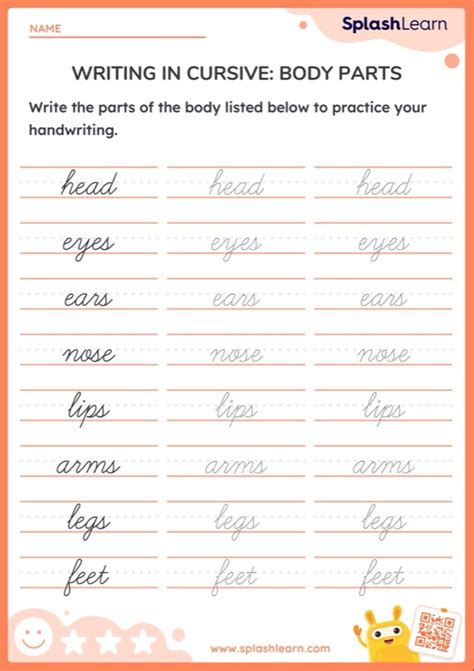 Writing In Cursive Body Parts — Printable Ela Worksheet Worksheets