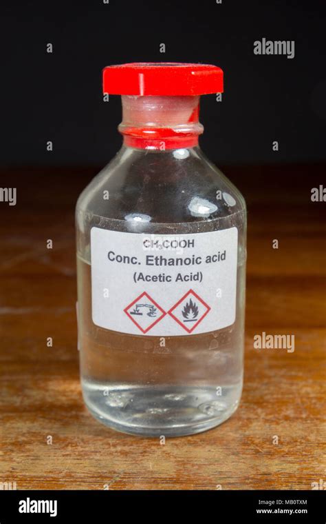 A bottle of concentrated ethanoic acid (CH3COOH) or acetic acid as used ...