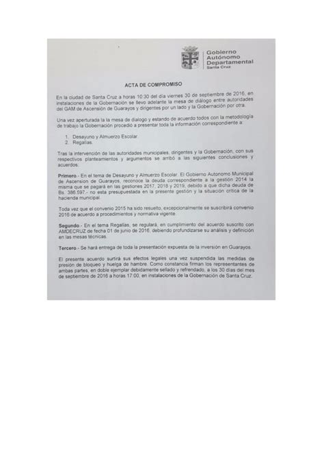 Acta de compromiso entre Guarayos y Gobernación PDF Descarga Gratuita