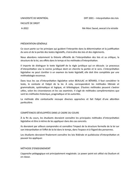 Plan de cours et présentation UNIVERSITÉ DE MONTRÉAL DRT 2001