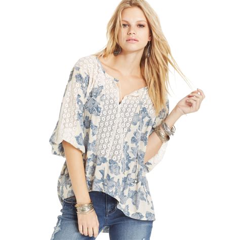 Free People Three Quarter Sleeve Lace Floral Print High Low Peasant