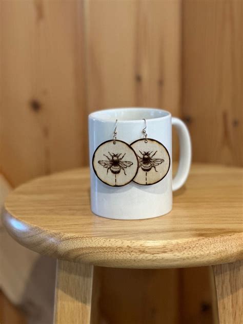 Earrings Wood Burned Designed Bumblebee Dangle Earrings By Artist Lisa