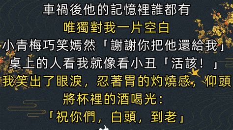 小說《完結》那場車禍後，他的記憶裡誰都有，唯獨對我一片空白。在他的訂婚宴上，小青梅朝我舉杯「謝謝你把這麼好的他還給我」其他人看我就像看小丑