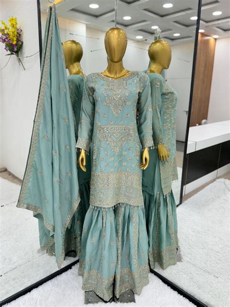 Sky Blue Pure Chinnon Silk And Heavy Embroidery Sequence Work Sharara Suit