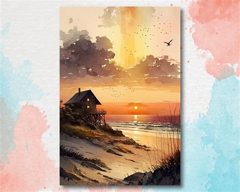 Beach Sunset Watercolor Print Ocean Wall Art Tropical Nature Gift ...