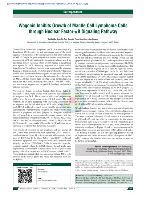 Pdf Wogonin Inhibits Growth Of Mantle Cell Lymphoma Cells Through