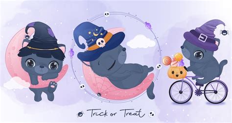 Ilustração de gato preto fofo da série halloween Vetor Premium