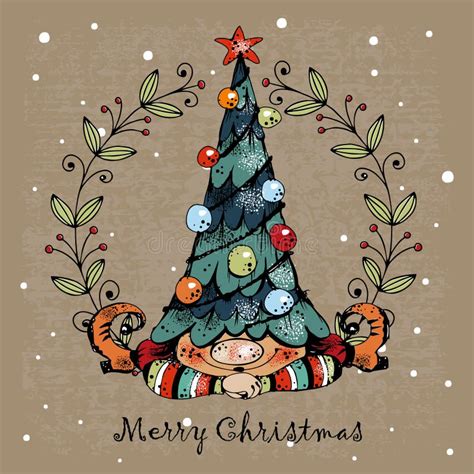 Merry Christmas Greeting Card Cute Christmas Gnome With Gifts In