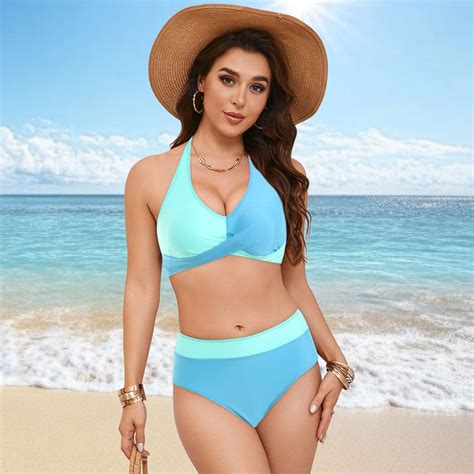 Fulorrnie Women S High Waisted Bikini Set Color Block Neck Strap With V Neck Tankini Top For