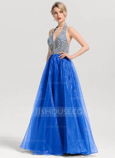 A Line Princess V Neck Floor Length Organza Prom Dresses With Beading