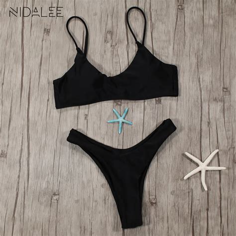 Nidalee Brazilian Sexy Strap Bikini Solid Color Womens Swimsuit Summer Bikini Color Black