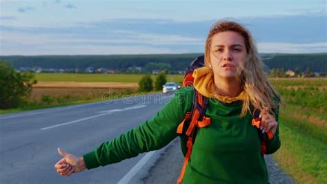 Beautiful Blonde Girl With Backpack Hitching Ride Stock Footage Video Of Morning European