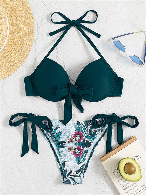 Shein Swim Vcay Conjunto De Biquíni Estampa Tropical Nó Frontal