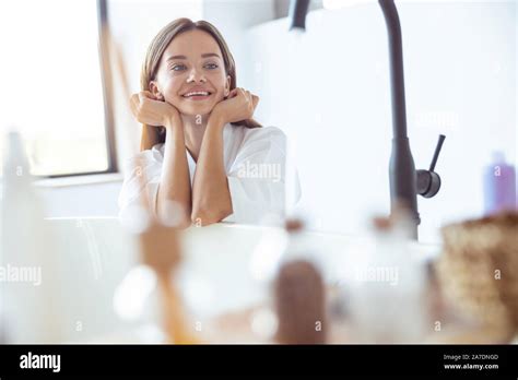 Cheerful Brunette Female Waiting For Morning Spa Stock Photo Alamy