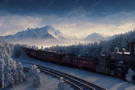 Snowy mountains with a steam locomotive train winding through the ...