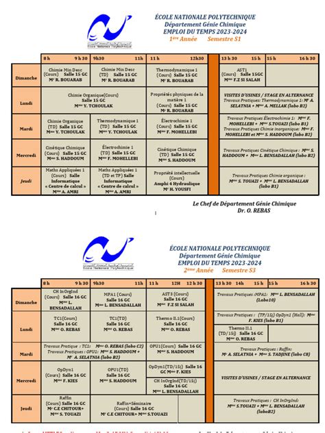 Emplois Du Temps Définitifs Premier Semestre S1 S3 Et S5 Département Génie Chimique 2023 2024 Pdf