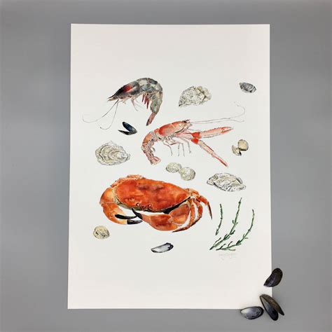 British Seafood Print Watercolour Shellfish Poster Crab Langoustine