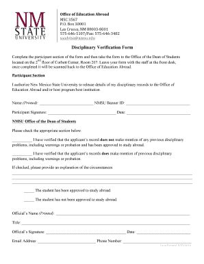 Fillable Online Oea Nmsu Disciplinary Verification Form Office Of