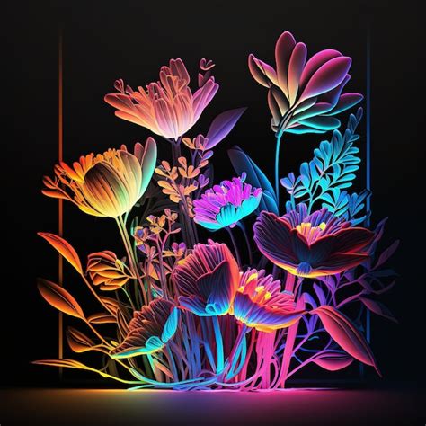 Premium Photo | A neon light painting of flowers in a frame.