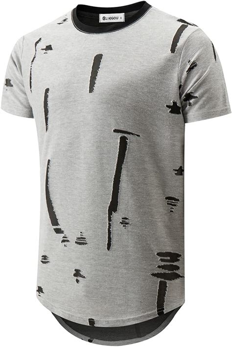 Kliegou Mens Hipster Hip Hop Ripped Round Hemline Hole T Shirt 1705