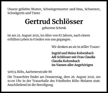 Traueranzeigen von Gertrud Schlösser WirTrauern