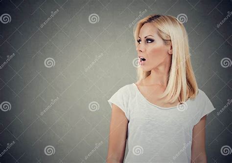 Closeup Side View Profile Portrait Woman Talking With Open Mouth Stock