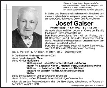 Traueranzeigen Von Josef Gaiser Trauer Bz