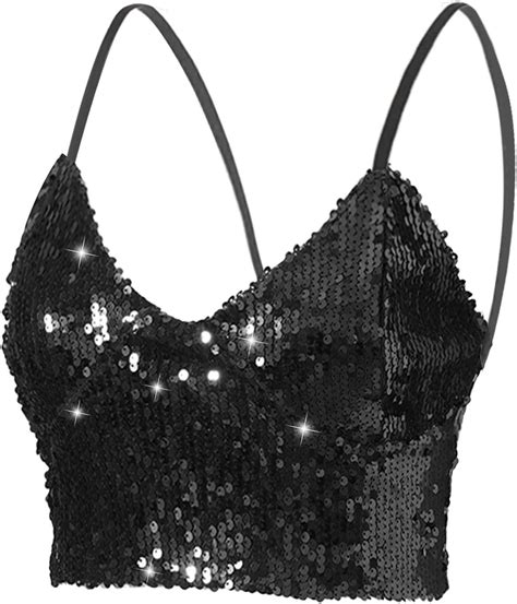 CHICTRY Femmes Crop Top Paillettes Sequins Été Débardeur Col Licou en