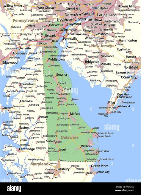 Map Of Delaware Shows Country Borders Urban Areas Place Names Roads