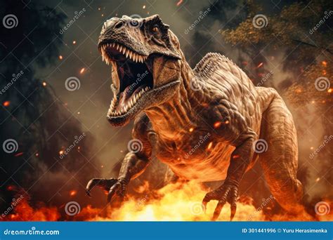 A Terrible Dinosaur Tyrannosaurus T Rex With An Open Huge Mouth Against