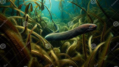 electric eel navigating  dense aquatic vegetation stock