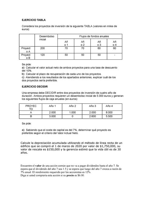 Ejercicios De Repaso EJERCICIO TABLA Considera Los Proyectos De