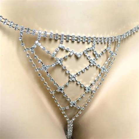 Sexy Rhinestone Thong Panties For Women Mesh Belly Waist Chain Crystal