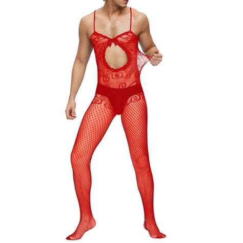 Men Sissy Body Stockings Pantyhose Sheer Mesh Hollow Out Fishnet Tights