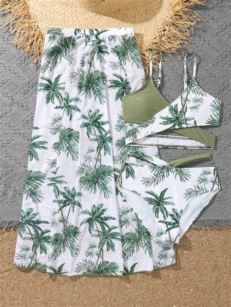 Girls Palm Tree Print Bikini Swimsuit With Beach Skirt SHEIN UK
