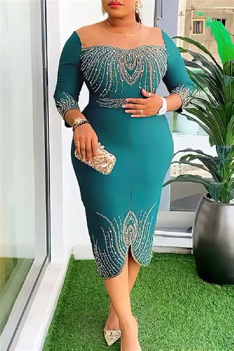 Wholesale Formal Hot Drill O Neck Half Sleeve Wrapped Skirt Party Evening Bodycon Midi Mother Of