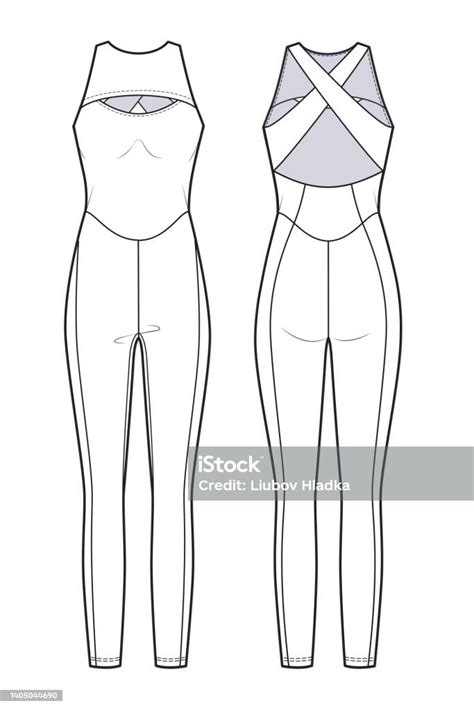 Womans Yoga Bodysuit Fashion Flat Technical Drawing Template Sport Long