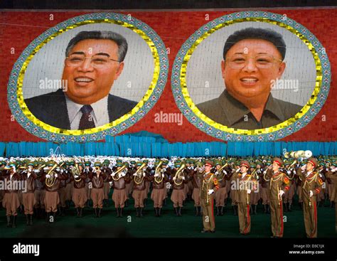 Kim Il Sung And Kim Jong Il Portraits During The Arirang Mass Games At